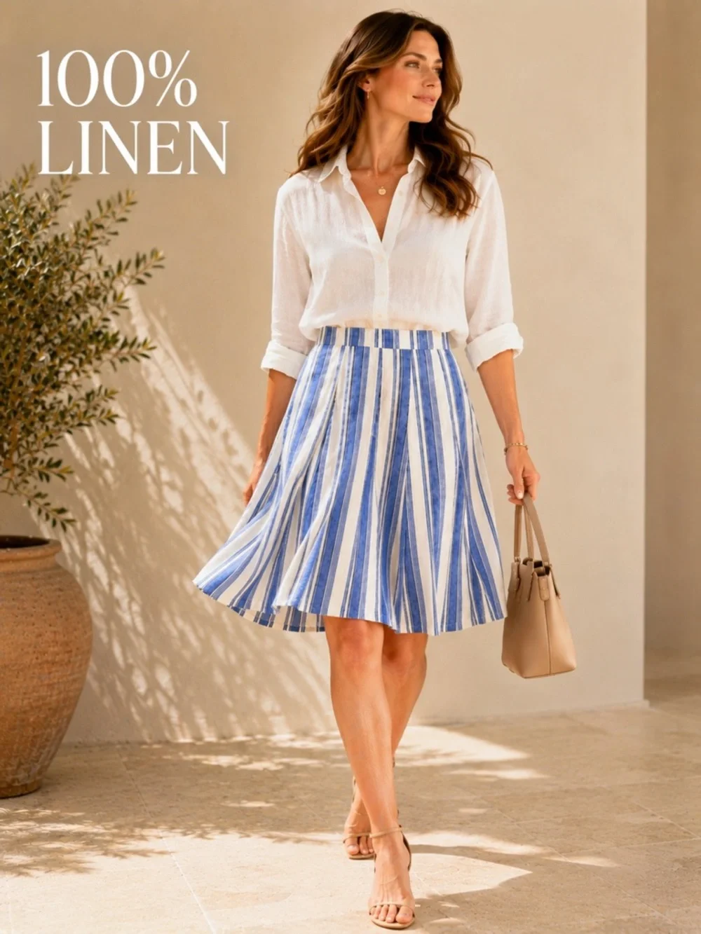 Boden 100% Linen Blue White Stripe A-Line Midi Skirt Lined Side Zip Size 10